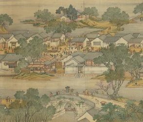 A lo largo del río durante el Festival Qingming, versión de la Corte Qing, rollo de mano, 1736